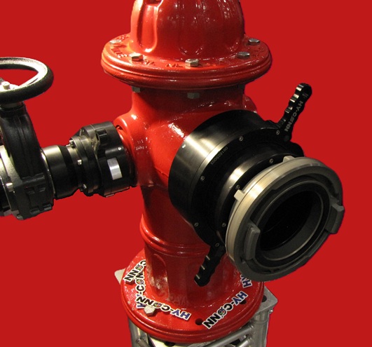 Quick-connect Adapters on Hydrant Quick-connect adapters attached to hydrant.