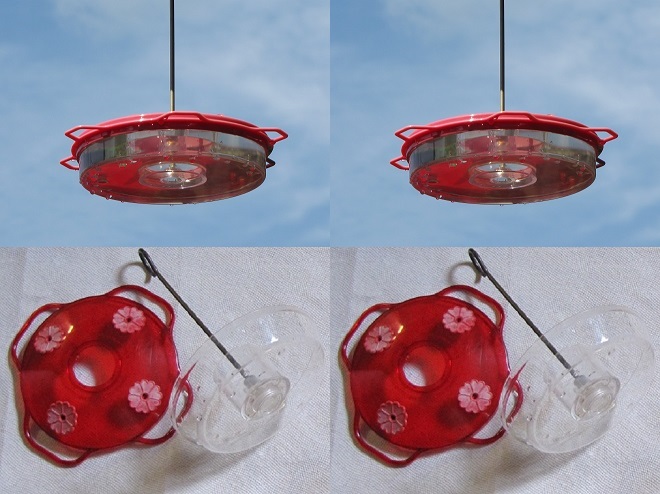 Two hummingbird feeders in the garden and two clean dry and ready replacements