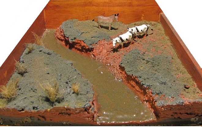A diorama depicting a stream and floodplain choked with legacy sediments.