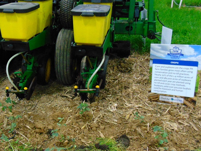 Corn, soybeans, and other crops can be planted using a "no-till drill", leaving the soil relatively undisturbed.